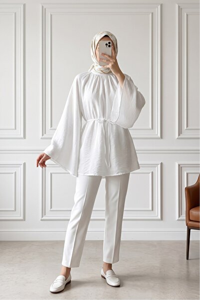 MODAQU Oversize Hakim Collar Belted Lined Lyocell Tunic - White