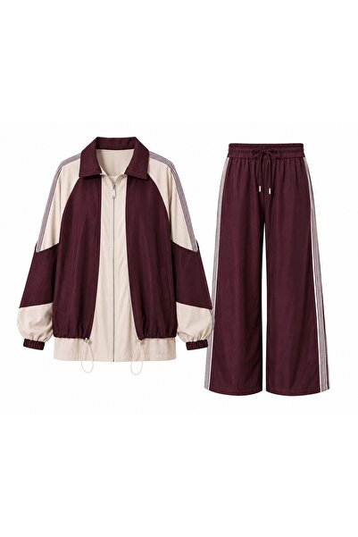 Lavanta Tekstil Double Suit with Shoulder Stripes and Garnish - Plum