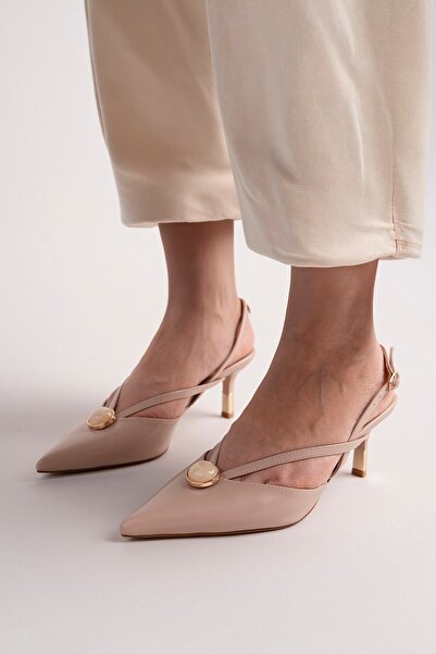 SEFERİ Women's Beige Medium Heeled Classic Heeled Shoes with Stone Detail