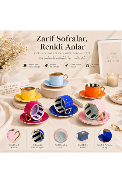 Ucuzuna Bak Puantiyeli Rainbow Serisi 6'lı Gold Yaldızlı Porselen Kahve Finca...