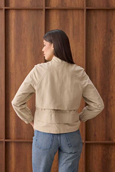 MEECY Women's Seasonal Jacket with Gathered Waist Detail and Gold Buttons