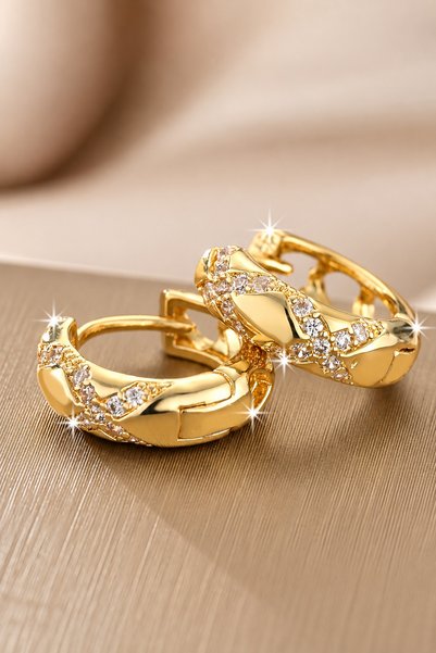 TREND COLLECTİON Women's Gold Color Zircon Stone Hoop Earrings (10 mm)