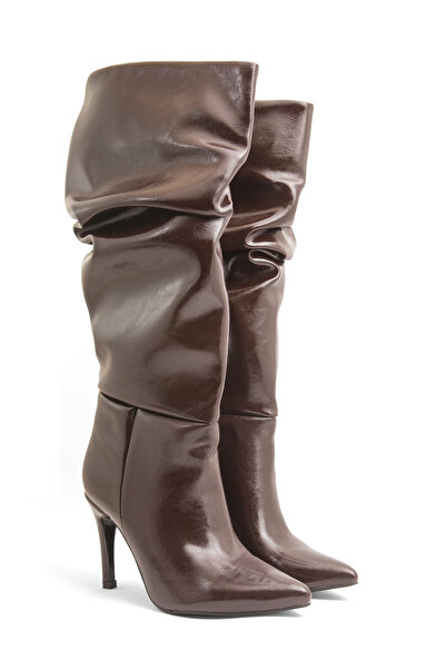 PELLEVA Women's Thin Heel Pointed Toe High Bellows Boots