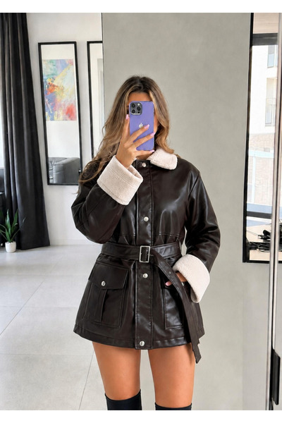 Ekim Store Belted Fur Collar Long Leather Coat