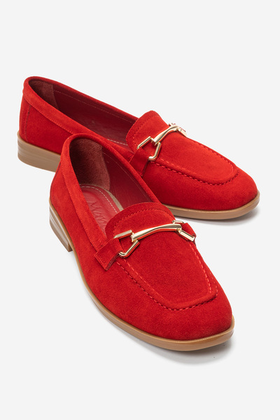 MANCORIGO Genuine Leather Red Suede Women's Buckle Detailed Ballerinas Andy