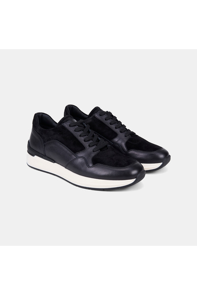 Desa Men's Black Lace-Up Leather Sports Shoes with Suede Detail
