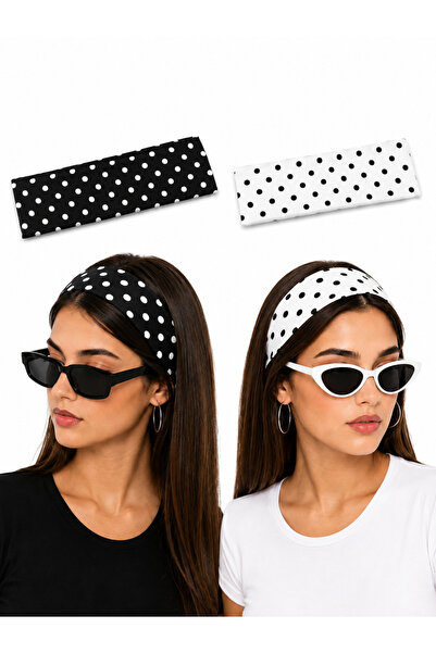 Kadın 2'li Pamuklu Esnek Bandana Seti Puantiyeli Beyaz ve Siyah