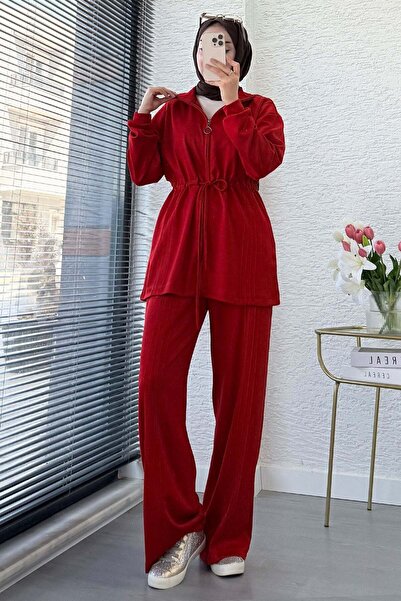 MELEK ARAZ Premium Drawstring Waist Cima Detail Double Face Trousers Set - Red
