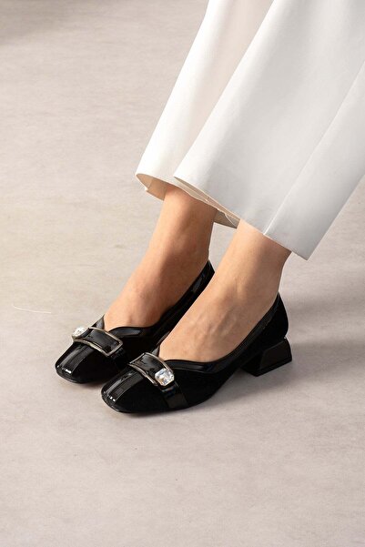 Güllü Shoes Black Velvet Stone Buckle Short Heeled Women's Shoes Patent Leath...