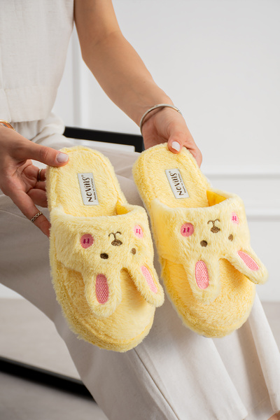 NOVİNS Women's Plush House Slippers with Rabbit Figure, Furry Soft Sole Winte...