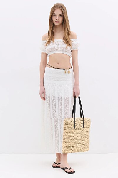 No Matter What Krajkový crop top Carmen s výstřihem