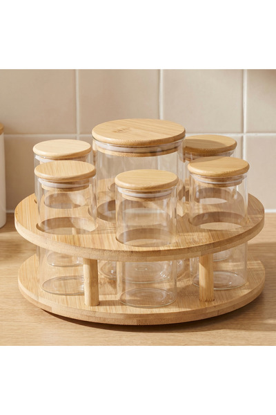 Lifestyle Zaya 7-Piece Borosilicate Glass Jar Set with Bamboo Rotating Stand