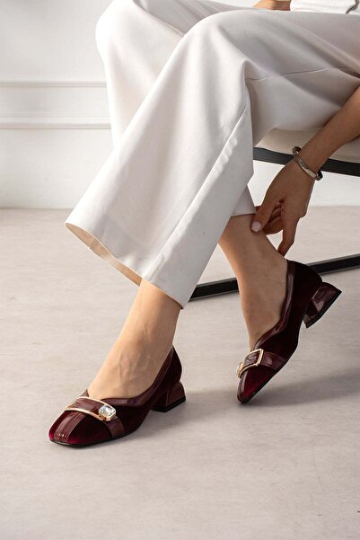 Güllü Shoes Burgundy Velvet Stone Buckle Short Heeled Women's Shoes Gold Buck...