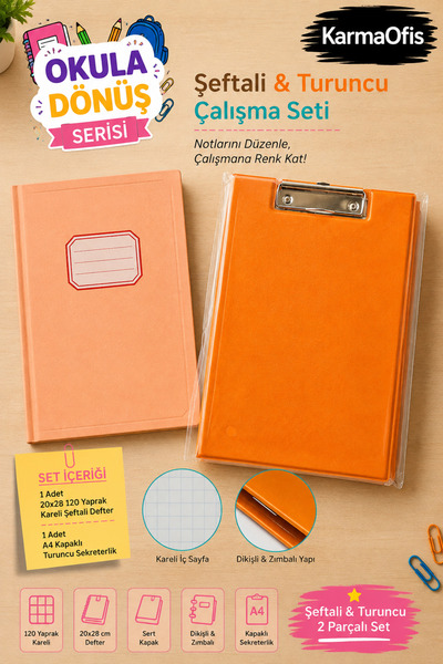 KarmaOfis Peach & Orange Study Set Checkered Notebook and A4 Cover Secretary ...