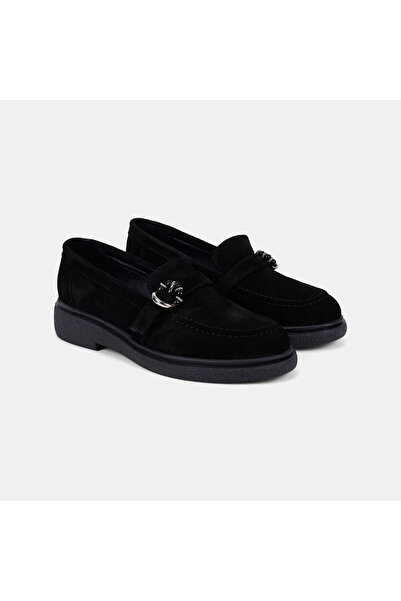 Desa Women's Black Natural Stone Buckle Detailed Suede Loafer