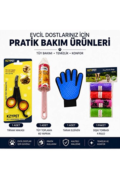 KZYPET KEDİ KÖPEK BAKIM SETİ 4LÜ (60 YAPRAK ,TÜY TOPLAMA ELDİVENİ , TIRNAK MA...