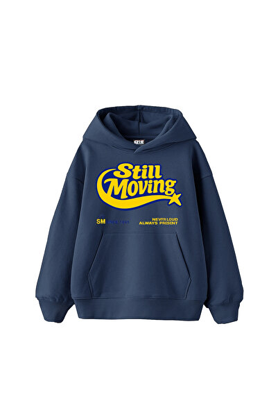 Sekizbiraltı Still Moving Printed Oversize Unisex Indigo Hoodie