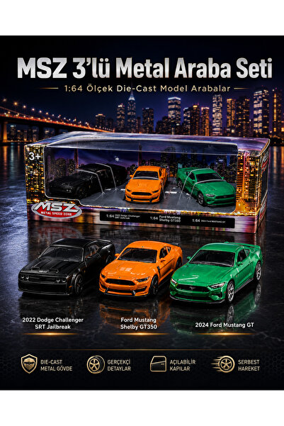PONİKİDO MSZ 3'lü Metal Araba Seti 1:64 Diecast Ford Mustang GT Shelby GT350 ...
