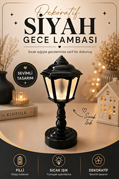 BENT Dekoratif Siyah Fener Tasarımlı Pilli Gece Lambası 15 cm Sıcak Işık Kabl...