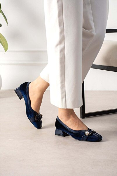 Güllü Shoes Navy Blue Velvet Stone Buckle Short Heeled Women's Shoes Patent L...