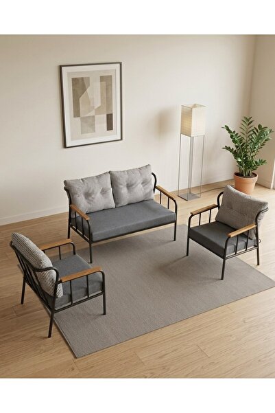 Azra Mobilya Paris 2+1+1 Metal Balkon Takımı Keten Dokulu Kumaş – Siyah Metal...