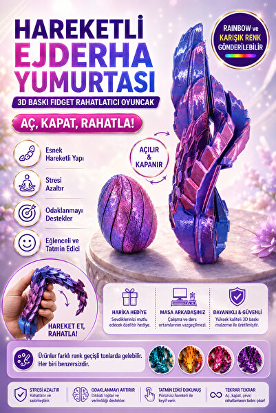 Impress Ejderha Yumurtası Fidget Rahatlatıcı Oyuncak, Açılır Kapanır 3D Baskı...