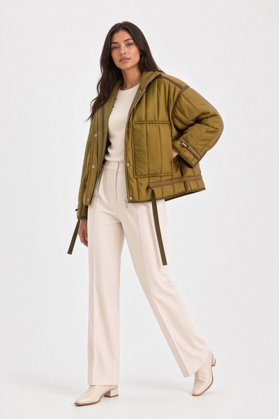 Bella Bloom Boutique Women's Premium Rail Stitched Stand Collar Snap Fastener Zipper Quilted Coat