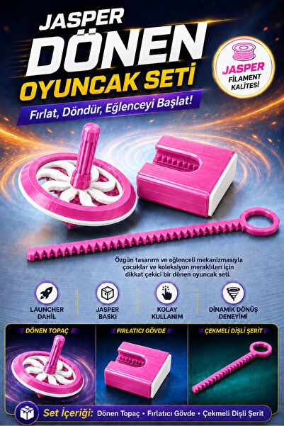 JASPER Pembe Renkli Dönen Topaç Oyuncak Seti – Çekmeli Dişli Mekanizma, 3 Par...