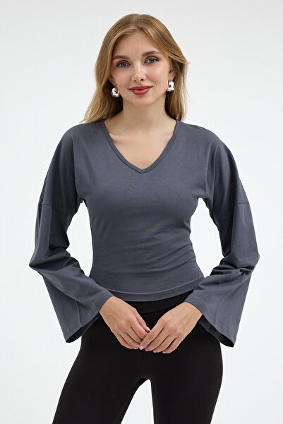 COMBİNE MİCHAİL Women's V-Neck Long Sleeve Slim Fit Smoked Blouse