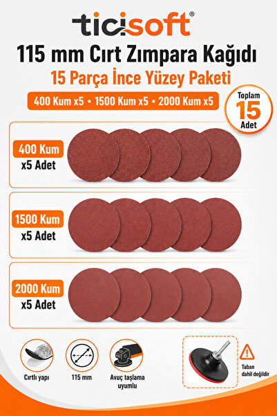 Ticisoft 115 mm Cırt Zımpara Kağıdı 15 Parça Karma Paket 400-1500-2000 Kum Av...