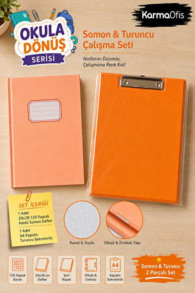 KarmaOfis Set de lucru Salmon & Orange, caiet cu pagini în carouri și set de ...