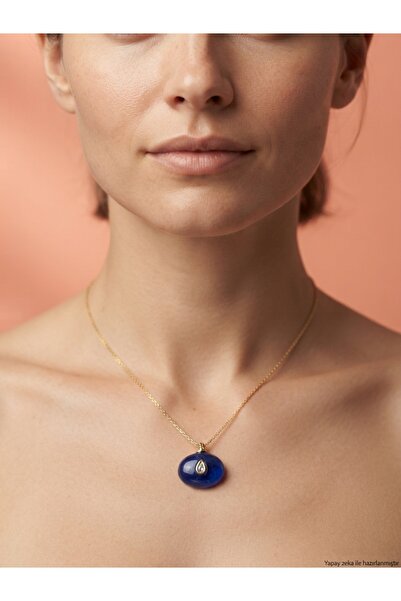 Rhea Jewelry 316L Stainless Steel Navy Blue Stone Detailed Elegant Necklace