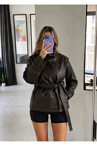 Ekim Store High Collar Double-Breasted Buttoned Leather Trench Jacket