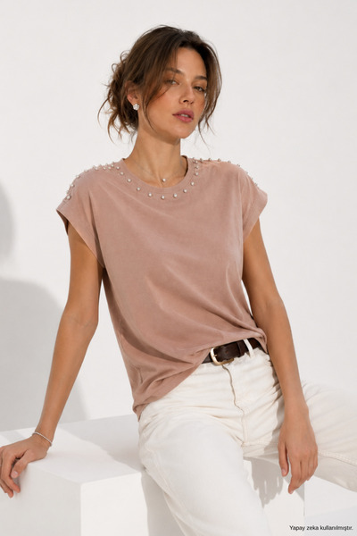 WILD BEE Women's Mink Viscose Short Sleeve Blouse with Stone Accessories