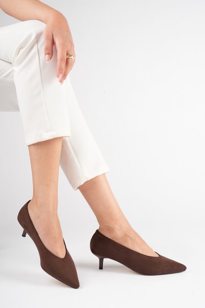 LORVENA Women's Bitter Brown Suede Pointed Toe 4 cm Short Thin Heeled Stiletto Shoes