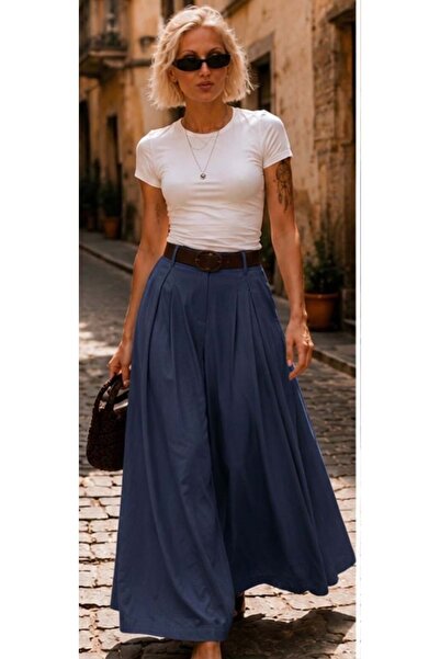 ibeeka Women's white flowy trousers skirt high waist belted loose fit