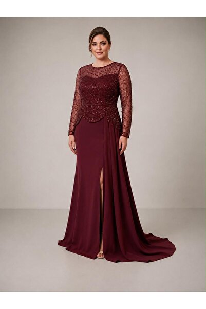 NOVERA DRESS Novera Bordo Boncuk Pul Payet İşlemeli Krep Etekli Yırtmaçlı Şal...