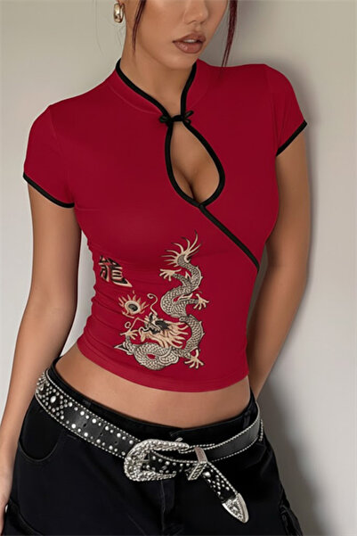 Karakedi Motiv dragon cu guler mandarin roșu Vintage Qipao Y2K cu mânecă scur...