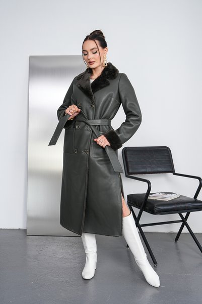 Metins Leather Kadın İçi Kürklü Uzun Hakiki Deri Kaban - Kemerli 4070-3Silky