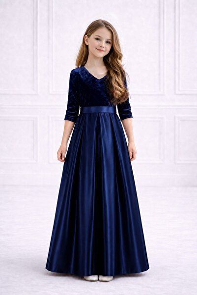 SUNEH Girl's Half Sleeve Top Velvet Bottom Satin Prom Graduation Birthday Dress