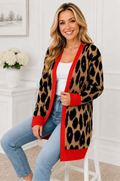 AQE FASHION Women's Long Sleeve V-Neck Open Front Leopard Print Coral Stripe ...