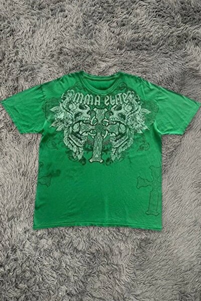Karakedi تي شيرت أخضر اللون من نوع MMA Elite Vintage Double Skull Y2K للجنسين