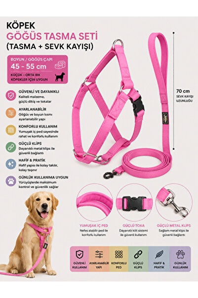 Doglife Köpek Göğüs Tasması ve Sevk Kayışı Seti 45-55 cm İçi Pedli 70 cm Kayı...