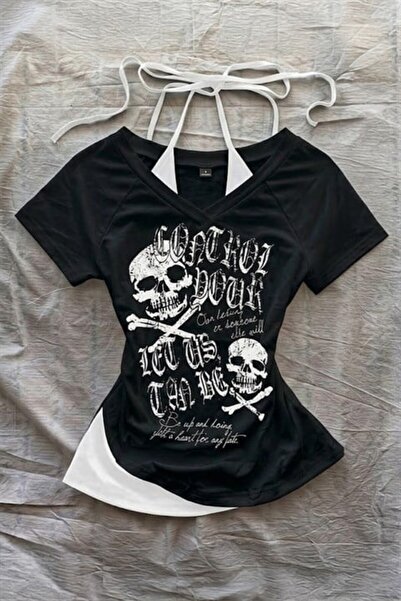Karakedi Μαύρο Gothic Skulls Control Crop με κοντό μανίκι Y2K και επιπλέον λο...