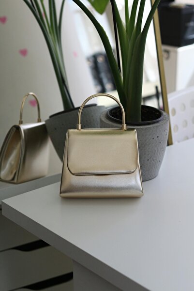 Moom Bag Γυναικεία βραδινή τσάντα ώμου με χρυσή δερμάτινη μεταλλική λαβή