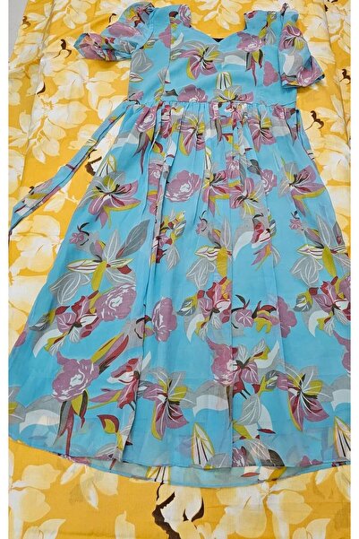 Generic Printed Georgette Puff Dress with Crepe Lining, Floral Pattern, Sky Blue