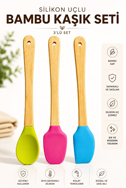 AYGÖREN HOME Set of 3 Colorful Bamboo Handle Silicone Tip Spatula Brush Spoon