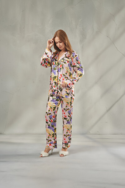 DAWN LİNE Women's Powder Shirted Satin Long Pajama Set Verbena – Bridal Pajam...