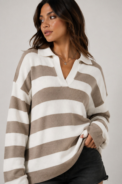EMR Online Women's Mink Striped Knitwear Sweater Relaxed Fit Casual Stylish