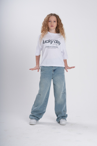 HayKids Tricou supradimensionat cu imprimeu „Lucky Day” pentru fete/adolescen...